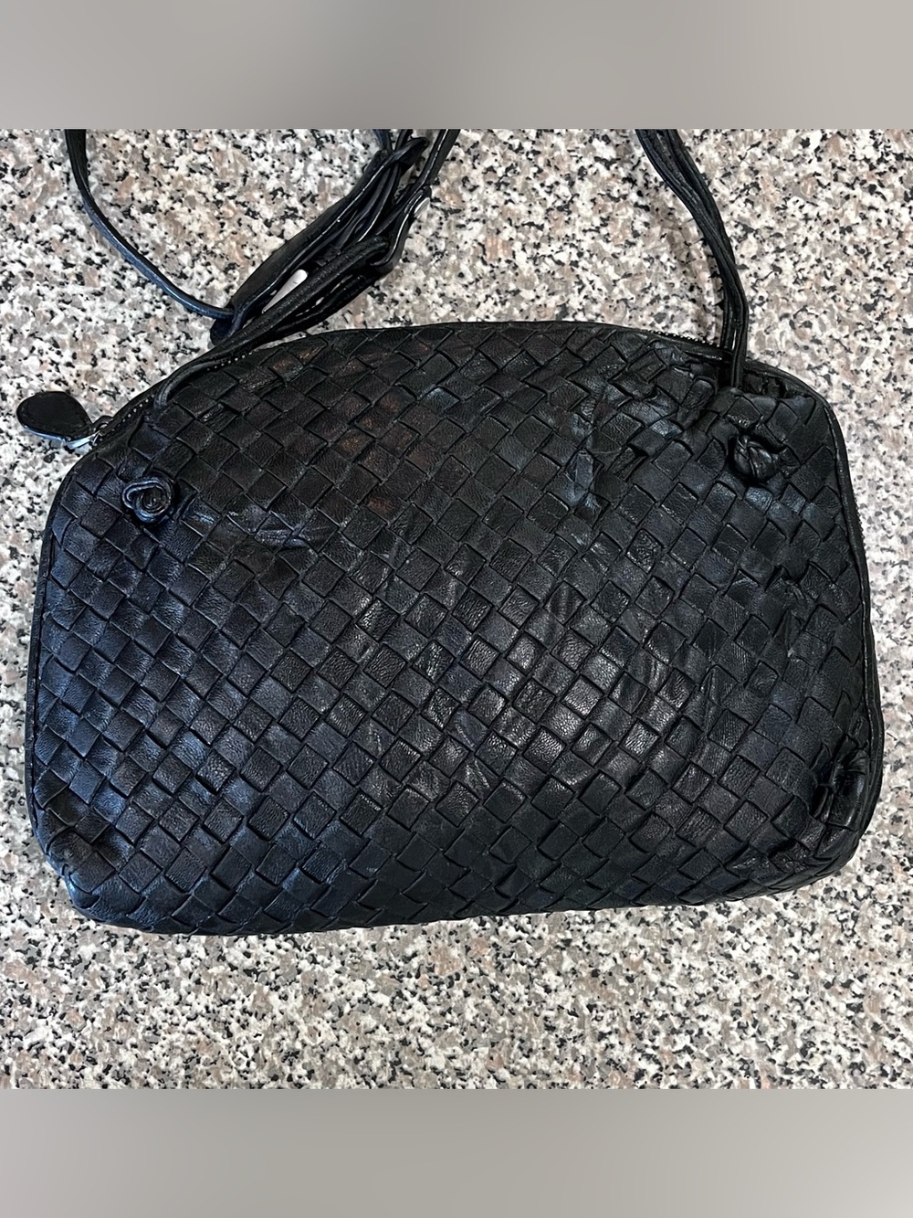 Vintage Bottega Veneta Nodini Woven Black Leather Crossbody Bag